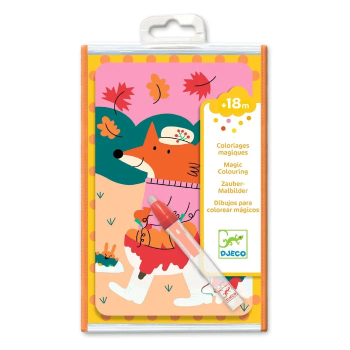 Children's coloring book with a fox illustration and a pen, branded as Djeco, on a white background.