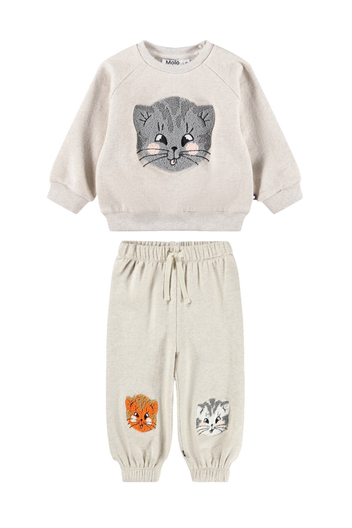 Children's outfit with a cat-themed sweatshirt and pants on a white background
