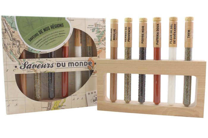 Coffret 6 épices en tube Le Monde en Tube Saveurs de nos régions + support bois