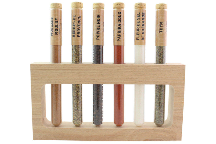 Coffret 6 épices en tube Le Monde en Tube Saveurs de nos régions + support bois