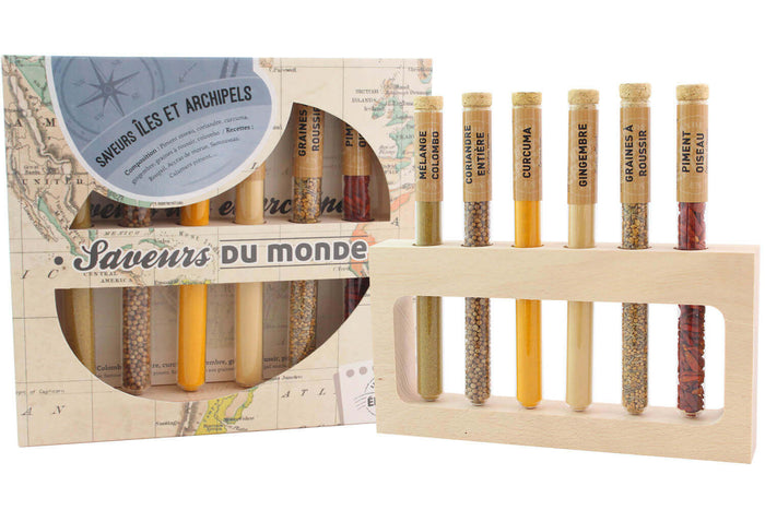 Coffret 6 épices en tube Le Monde en Tube Saveurs des îles et archipels + support bois