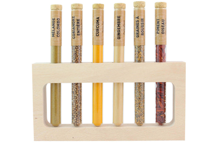 Coffret 6 épices en tube Le Monde en Tube Saveurs des îles et archipels + support bois