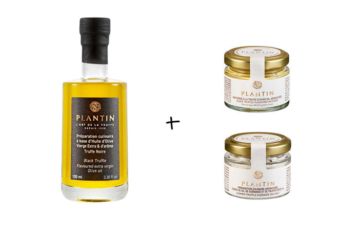 Coffret cadeau truffes Plantin : huile d'olives à la truffe noire + 2 verrines aromatisées