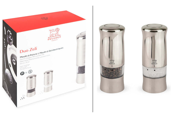 Coffret duo de moulins électriques à sel et à poivre Peugeot Zeli 14cm en ABS brossé