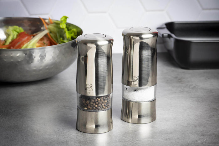 Coffret duo de moulins électriques à sel et à poivre Peugeot Zeli 14cm en ABS brossé