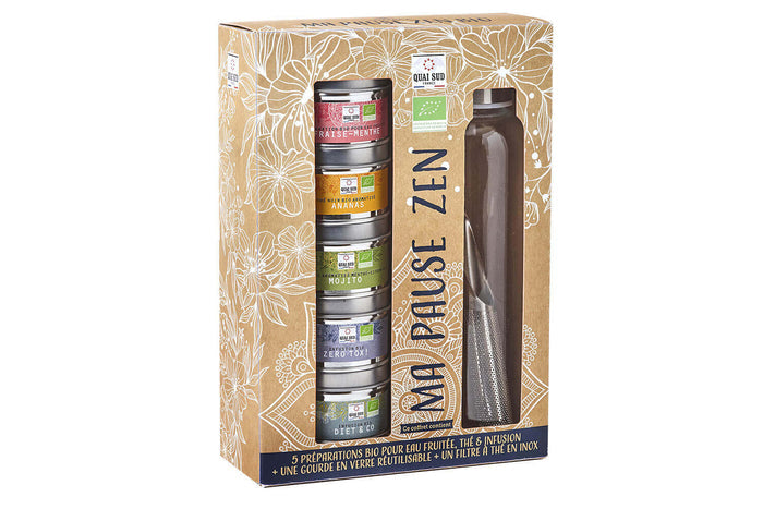 Coffret thés et infusions bio Quai Sud Ma Pause Zen + gourde en verre et filtre à thé