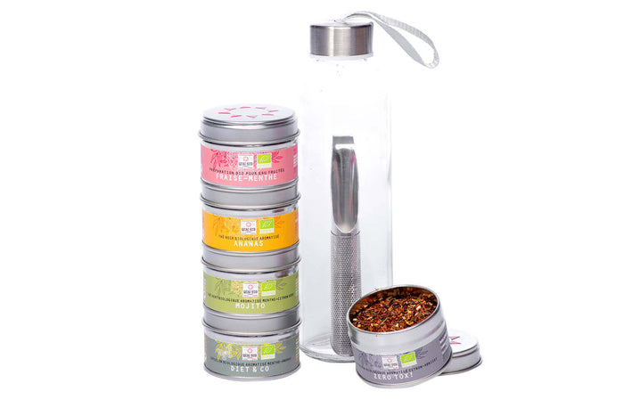 Coffret thés et infusions bio Quai Sud Ma Pause Zen + gourde en verre et filtre à thé