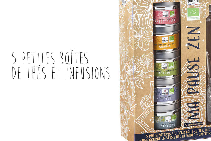 Coffret thés et infusions bio Quai Sud Ma Pause Zen + gourde en verre et filtre à thé