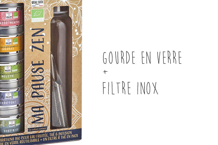 Coffret thés et infusions bio Quai Sud Ma Pause Zen + gourde en verre et filtre à thé