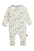 A baby long-sleeve footless one-piece sleeper with an all-over vegetable print on a cream background, featuring a colorful striped inner collar and a small red tag on the side.