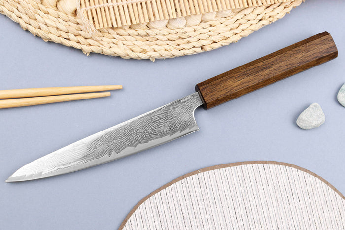Couteau universel japonais artisanal Wusaki Unagi AUS10 Damas 15cm manche en chêne