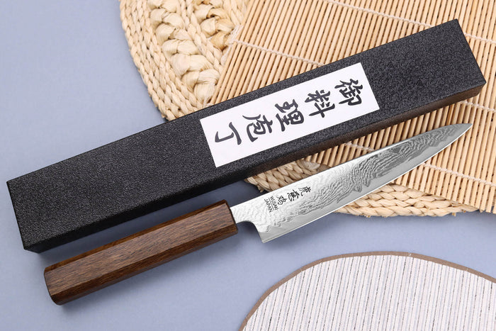 Couteau universel japonais artisanal Wusaki Unagi AUS10 Damas 15cm manche en chêne
