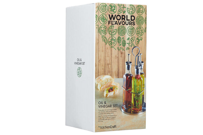 Ensemble de 3 bouteilles huile et vinaigre en verre avec présentoir World of Flavours