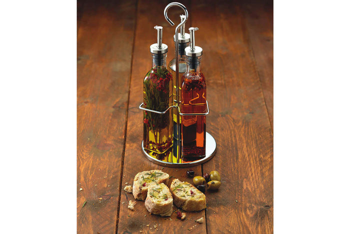 Ensemble de 3 bouteilles huile et vinaigre en verre avec présentoir World of Flavours