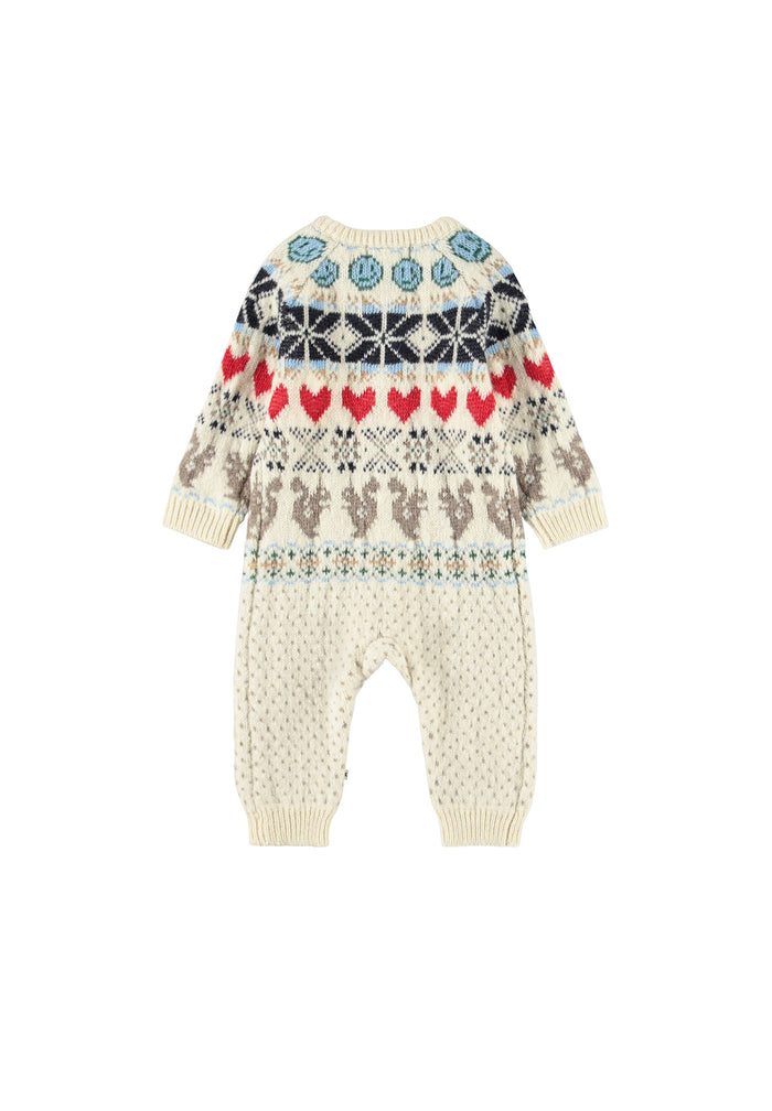 Baby romper with colorful fair Isle pattern on a white background