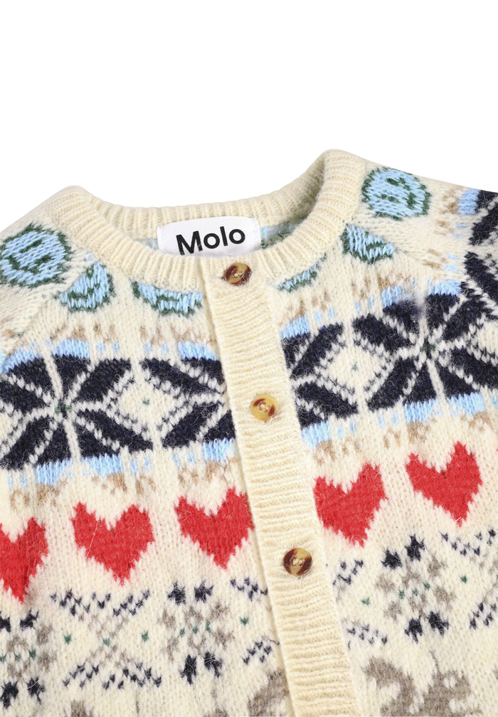 Knitted romper with heart and snowflake patterns and 'Molo' brand label.