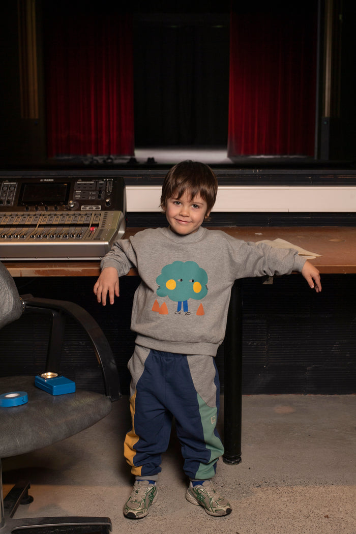 a child wearing grey sweatshirt with tree graphic and colorblock sweatpants standing in a control booth of a theater.