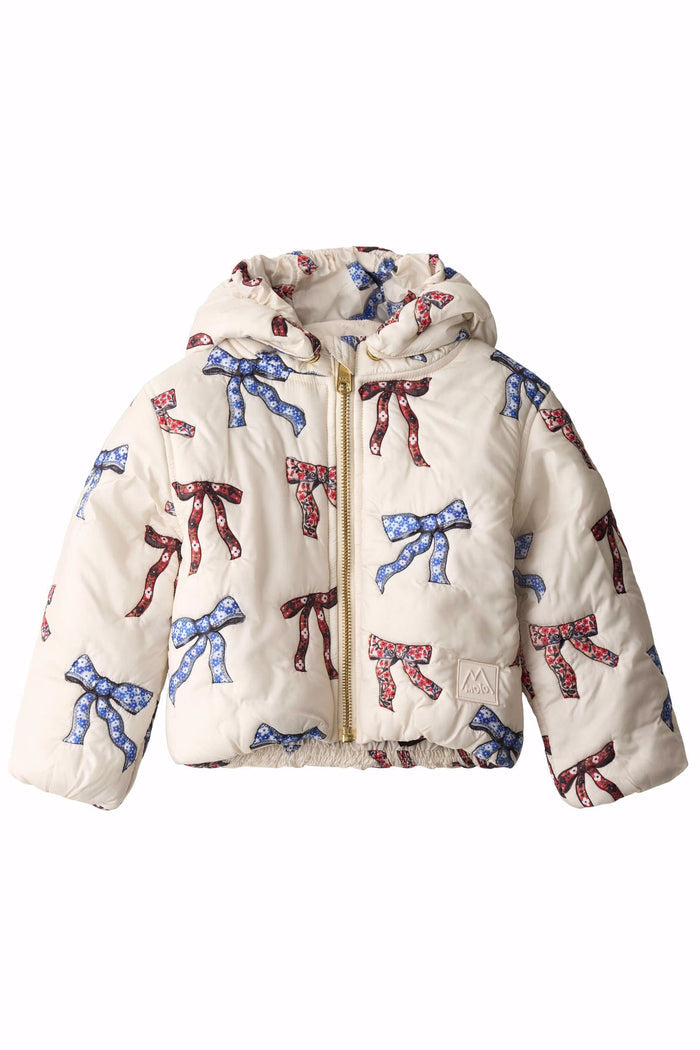 Children's puffer jacket with bow pattern on a white background