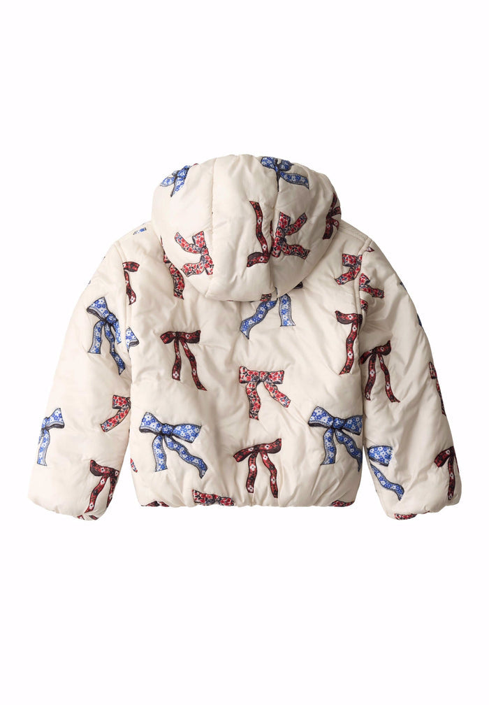 White puffer jacket with colorful bow pattern on a white background