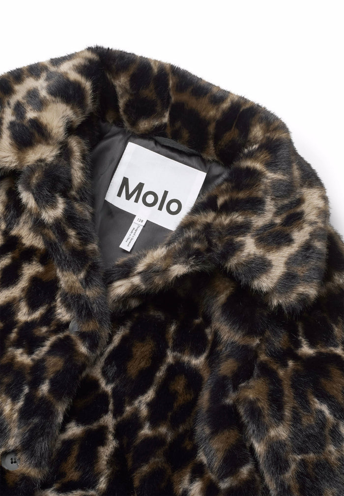 Leopard print coat with Molo label on a white background