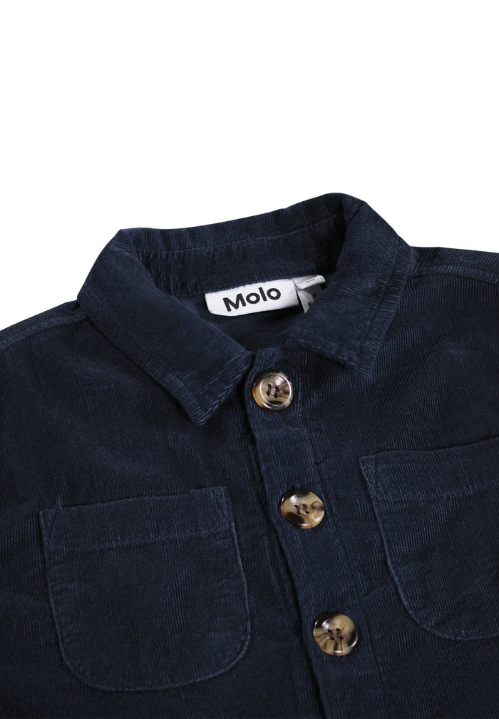 Navy blue shirt with gold buttons and 'Molo' label on a white background