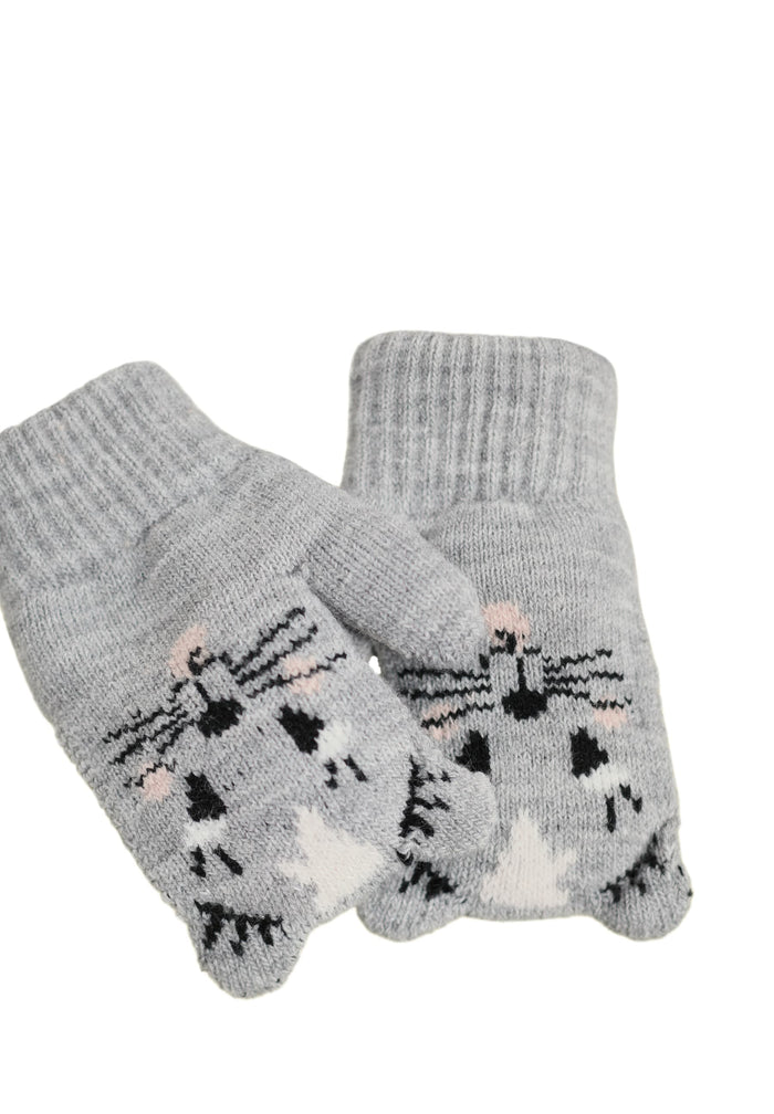 Gray mittens with cat face design on a white background