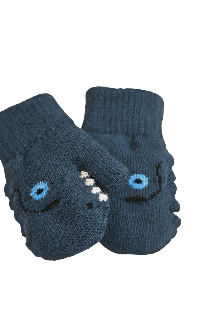 Pair of blue mittens with a cartoon face design on a white background
