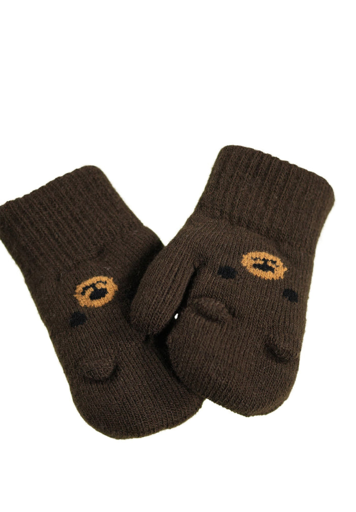 Pair of brown knitted mittens with bear face design on a white background