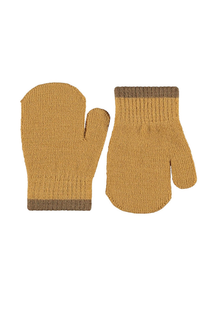 Pair of mustard yellow mittens with brown trim on a white background