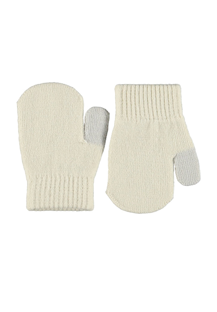 Pair of cream mittens with gray accents on a white background