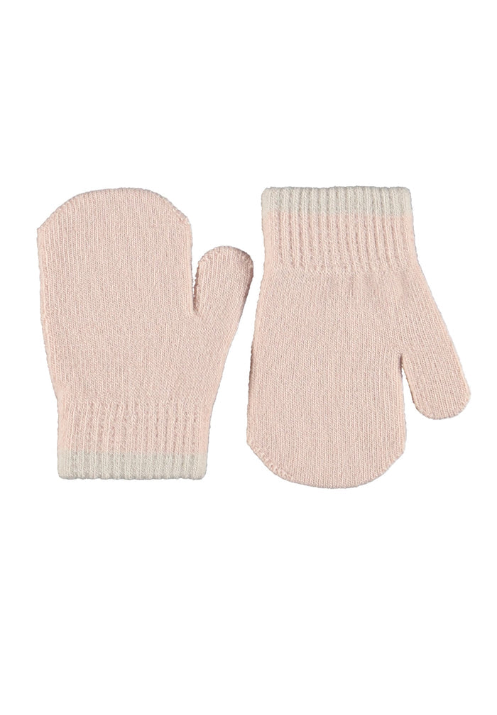 Pair of light pink mittens on a white background