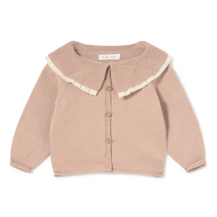 Beige baby cardigan with lace trim on a white background