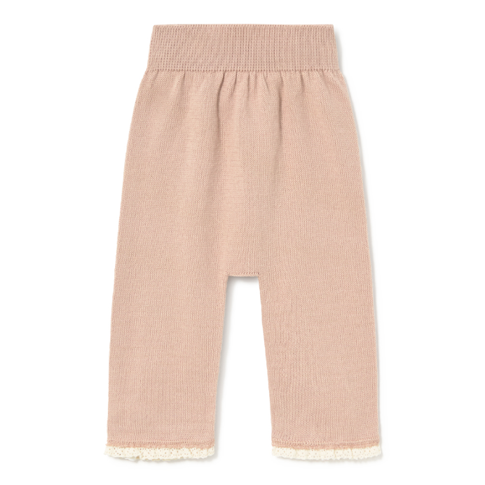Beige ribbed pants with lace trim on a white background