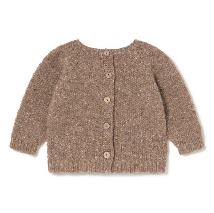 Brown knitted sweater with buttons on a white background