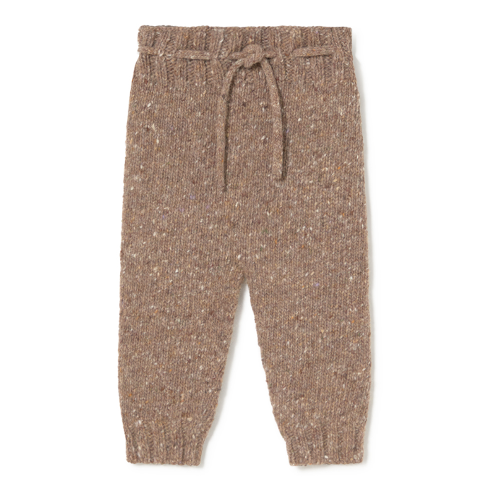 Brown knitted pants with a tie waist on a white background