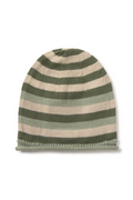 Striped knit beanie in green and beige on a white background