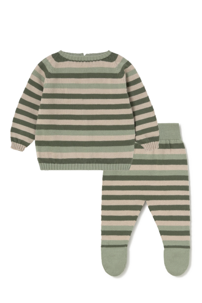 Striped baby outfit with sweater and pants on a white background