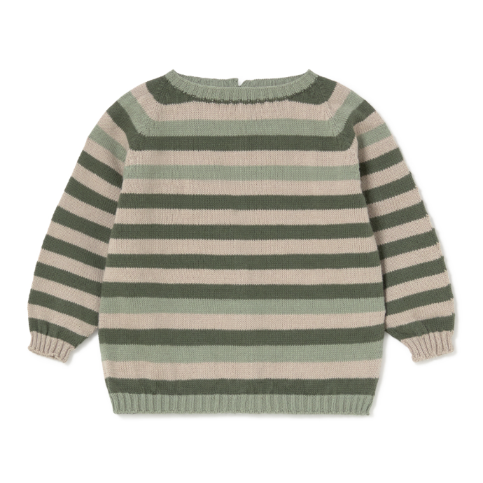 Striped sweater with green and beige colors on a white background
