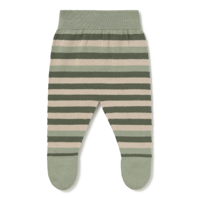 Striped baby leggings with green and beige pattern on a white background