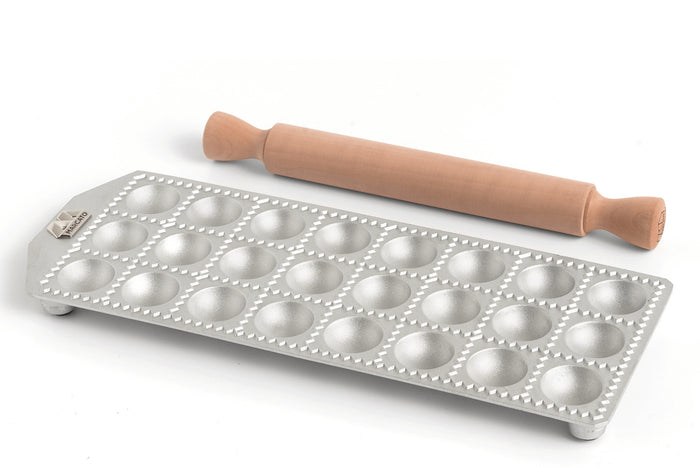 Moule à raviolis Marcato Classic 24 empreintes rondes + mini rouleau en bois