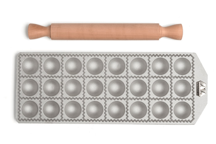 Moule à raviolis Marcato Classic 24 empreintes rondes + mini rouleau en bois