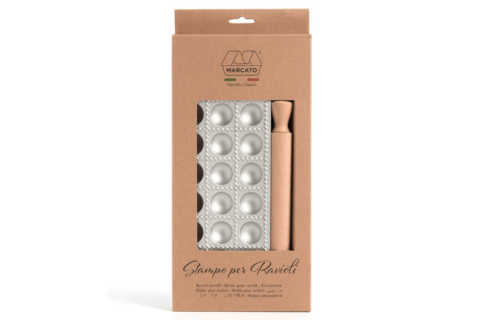 Moule à raviolis Marcato Classic 24 empreintes rondes + mini rouleau en bois