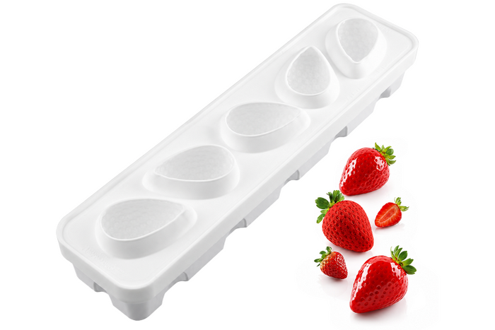 Moule pâtissier 5 fraises 3D Silikomart en silicone blanc