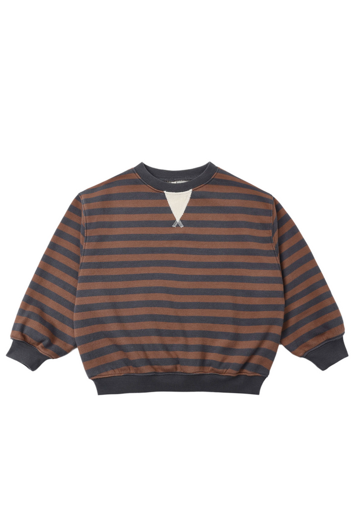 Striped sweater with brown and navy horizontal stripes on a white background