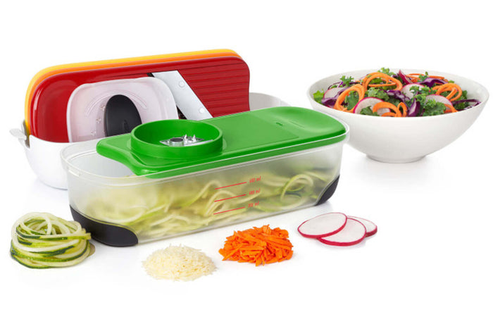 Set 2 râpes + 1 éminceur + 1 spiralizer avec récupérateur OXO