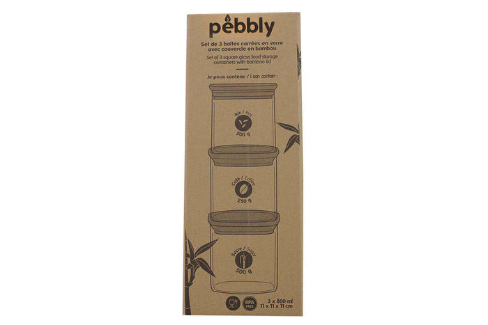 Set de 3 boîtes carrées en verre Pebbly avec couvercle en bambou - 800ml