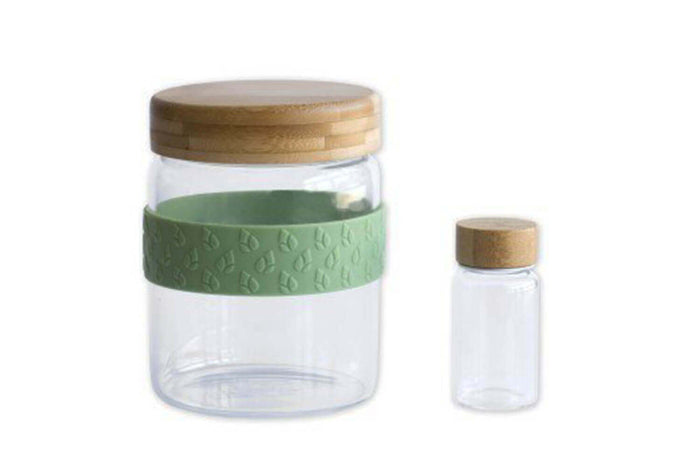 Set déjeuner nomade Pebbly 2 bocaux en verre avec couvercle bambou + 1 bande silicone