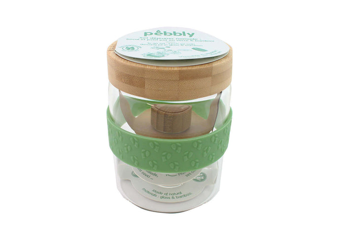 Set déjeuner nomade Pebbly 2 bocaux en verre avec couvercle bambou + 1 bande silicone