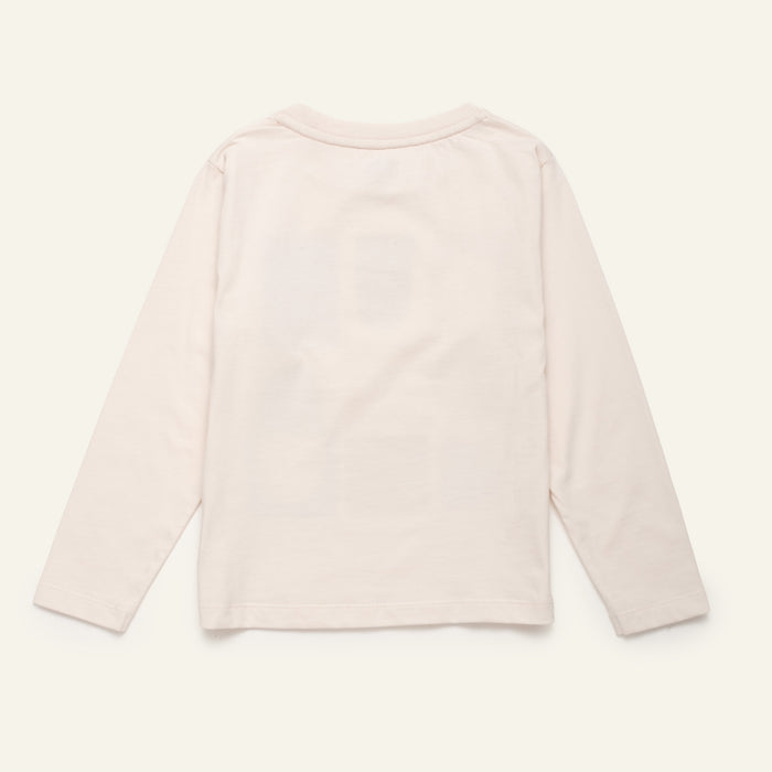 long-sleeve crewneck shirt shown from the back, laid flat against a matching off-white background.