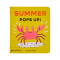 Book cover with a pink crab illustration and 'Summer Pops Up!' text on a yellow background